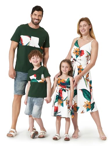 PATPAT Matching Family Outfits Mommy and Me Dresses Matching Set Tropical Floral Palm Leaf Print Spaghetti Strap Boho Belted Dresses Hawaiian White Floral Print Romper Dress Baby Girl 3-6 Months