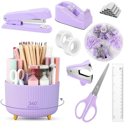 SKYDUE Purple Office Supplies Set, Purple Office Desk Accessories 10PCS, Pencil Holder for Desk, Stapler, Tape Dispenser, Scissors, Ruler, Binder/Paper Clips and 1000pcs Staples,Desk Supplies Set Cover