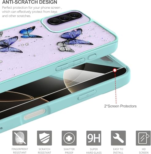 Image of VONZEE for Samsung Galaxy A37 Clear Glitter Butterfly Case, Cute Bling Sparkle Shiny Soft Silicone TPU Bumper Shockproof Women Girls Slim Protective Phone Cover for Samsung Galaxy A37, Mint
