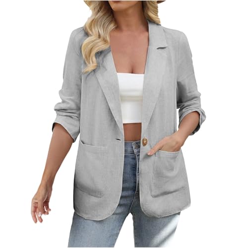 Tweed Blazer for Women Long Sleeve Lightweight Fall Blazer Jackets Ruched One Button Casual Office Jacket with Pockets