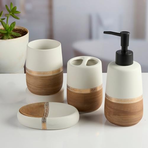 Image of SaSaSa Ceramic Bathroom Accessories Set of 4 - Stylish Bath Set with Liquid Soap Dispenser, Toothbrush Holder, Tumbler and Soap Dish for Modern Bathroom Decor, White /Brown (11988)