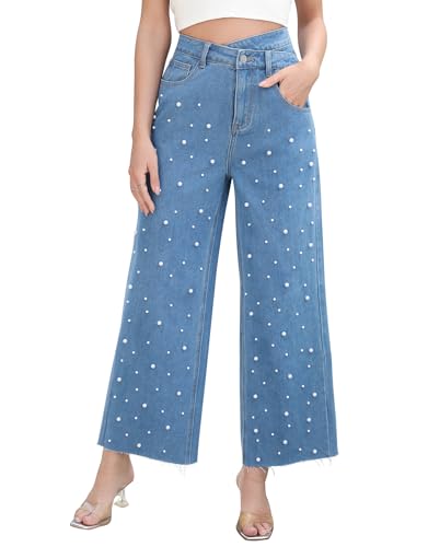 Kedera Pearl Jeans for Women Trendy High Waisted Corssover Boyfriend Raw Hem Denim Pants Sparkly Jeans Light Blue