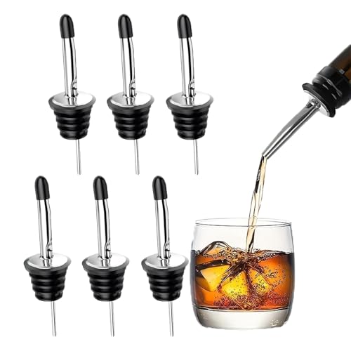 YANJINGSHE Bottle Pourers for Spirits 6Pack Stainless Steel Freeflow Speed Bottle Dispenser with Tapered Spout and Rubber Dust Caps for Wine and Spirits Bottles Olive Oil