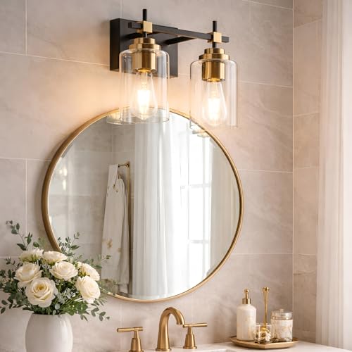 Image of SOLFART Modern Bathroom Vanity Light with Clear Glass Globes,2 Lights Bathroom Light Over Mirror Black and Gold Finish,Wall Mount Sconce for Over Mirror Vintage Lighting