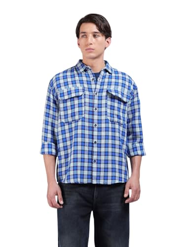 Chemise pour homme col découpé et motif à carreaux aqua en taille L