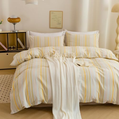 Image of Yellow Striped Duvet Cover Bedding Set 100% Washed Cotton Linen Like King