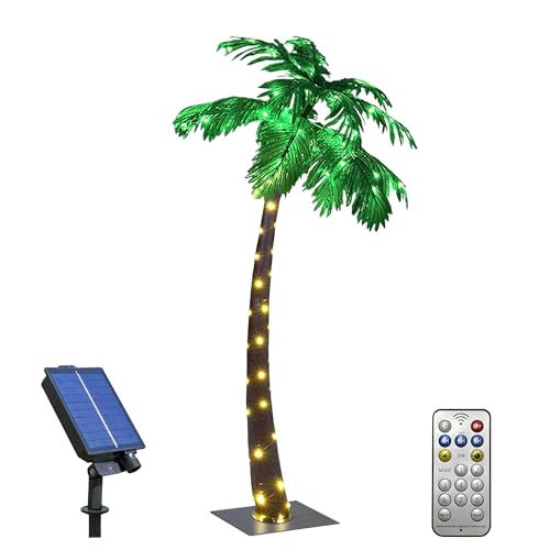 LIGHTSHARE Lighted 5FT Solar Palm Tree Artificial Palm Tree 96LED Lights for Office Decoration Outdoor and Indoors Tiki Bar Christmas Patio Pool