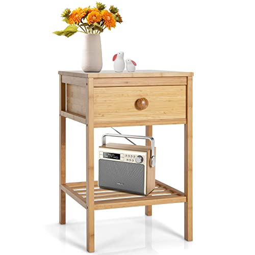 GIANTEX Mesa Auxiliar con Tablero y Cajón y Estante Abierto, Mesita de Noche de Bambú para Espacios Pequeños, Muebles Multifuncionales para la Casa, para el Salón, Dormitorio, Baño, Oficina Cover
