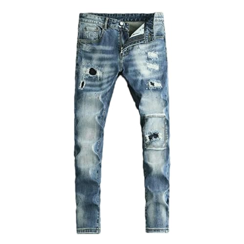 Street Mens Jeans Retro Washed Blue Stretch Slim Fit Patch Designer Ripped Jeans Men Vintage Denim Pencil Pants