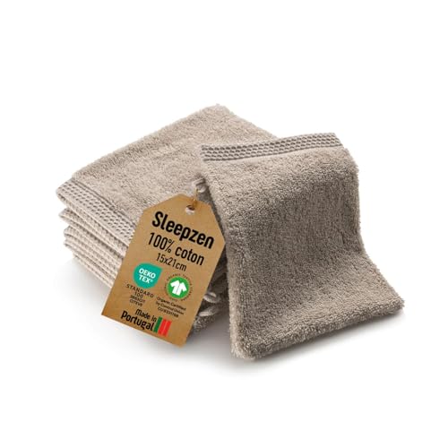 SLEEPZEN - Lot Gant de Toilette Coton Bio (Lot de 6 - Beige) Certifié GOTS - 500 g/m² Certifié Oeko-Tex - Gants de Toilette Ultra-Absorbant - Extra Doux - Fabriqué au Portugal