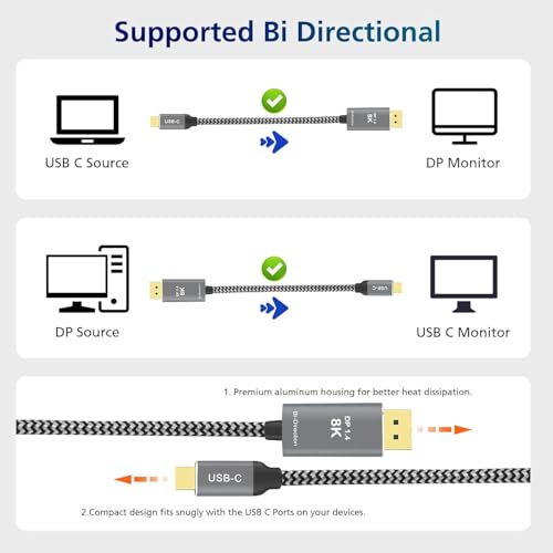 Image of Tobo 8K Bi-Directional USB C To DisplayPort Cable 1.8m [ 8K@60Hz, 4K@144Hz ] DP 1.4 To USB4 Type C Adapter For Thunderbolt 3 /4 M-Book Pro Air M4 Phone 16 15 Pro Pad XPS 13 /15 S25 Ultra G8 G9 TD-1520CC