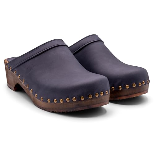 Sandgrens Handmade Swedish Wood Clogs for Women, Low Heel Mule US 6 | Athens Navy Nubuck DK, EU 37 - Thumbnail 4