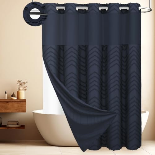 WONICY Ringless Tufted Chevron Shower Curtain with Liner, Navy Blue, 71x74