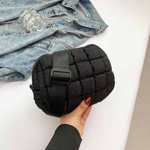 Women Puffy Crossbody Bag Zipper Closure Puffy Shoulder Bag Solid Color Plaid Quilted Sling Bag Female Commute Bag (Black)3