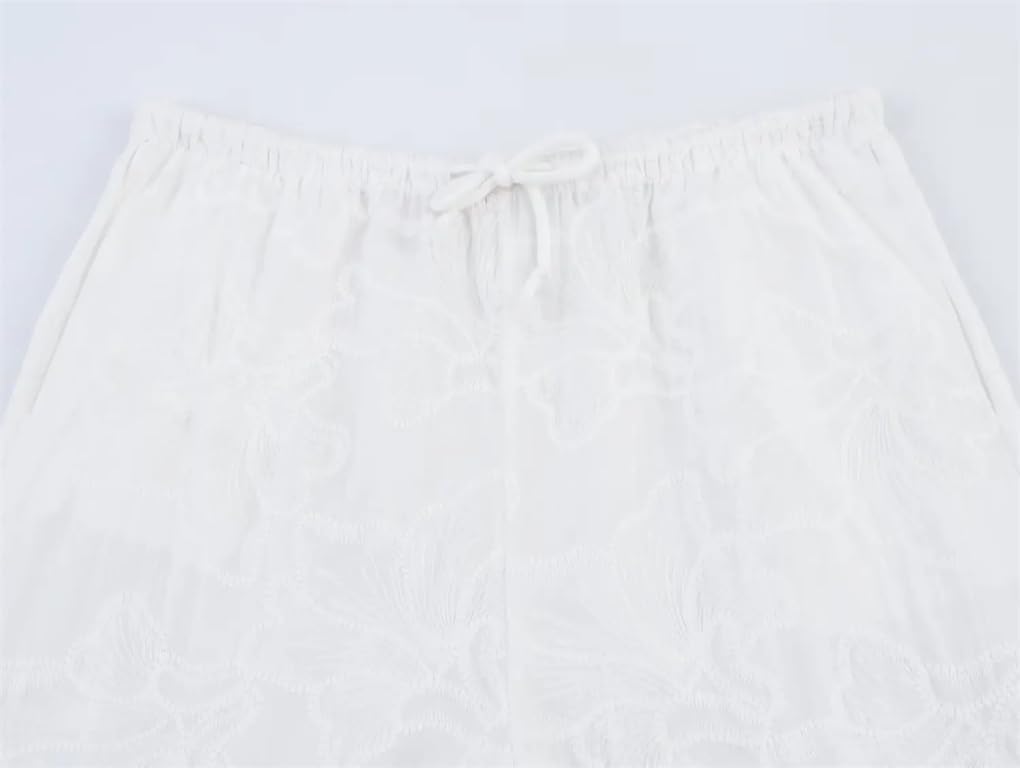 Women's Vintage Embroidery Drawstring Elastic Waist Straight Leg Pants