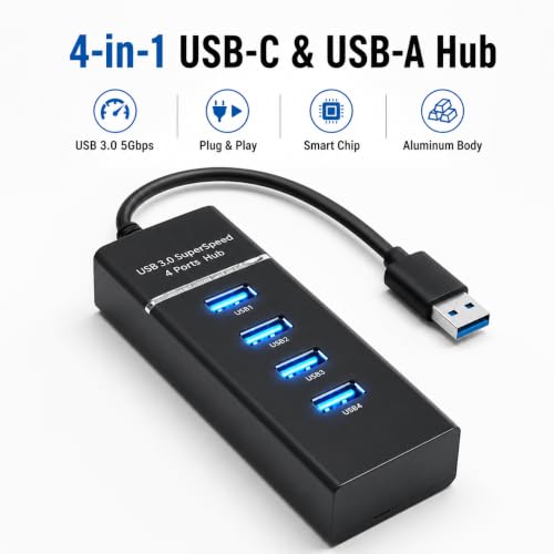 Image of Portable 4-in-1 USB-C & USB-A Hub, USB 3.0 5Gbps High-Speed Data Hub, 3 USB 2.0 Ports, Aluminum Build, Smart Chip, Plug & Play, Multiport USB Adapter for Laptop, Desktop, Keyboard & Mouse (Black)
