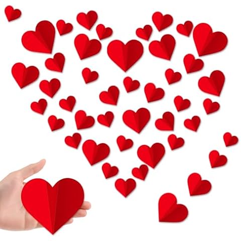60 Pcs 3D Valentine's Day Wall Decoration，Heart Wall Stickers Waterproof Red Heart Wall Decals PVC Wall Stickers for Wedding Anniversary Party Bedroom School Office Valentine's Day Decorations（Red） Cover
