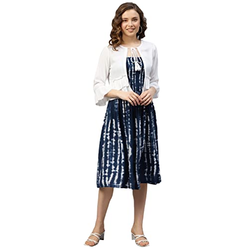 DEEBACO Smocked Midi Dress with Shrug for Women's|Tie-up Neck 3/4 Bell Sleeves Straps Shoulder Fit & Flare Western Party Causal Wear Ladies Dresses|Summer Wear Shrug Dress Set