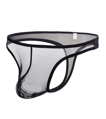 ZONBAILON Bulge Pouch Thong Underwear for Men Sexy Sheer See Through Black Mesh Bulge Enhancing G-String T-Back Size Medium