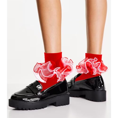 Women Big Ruffle Socks Adult 4-Layer Lace Frilly Ankle Socks Fold Cuff Cotton Ruffled Dress Crew Bobby Fancy Sock4