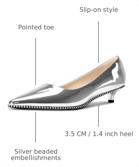 Image of Aachcol Womens Low Heel Pointed Toe Pumps Silver Beaded Kitten Heels Slip-on Comfortable Office Dress Shoes 1.4 Inches Heels