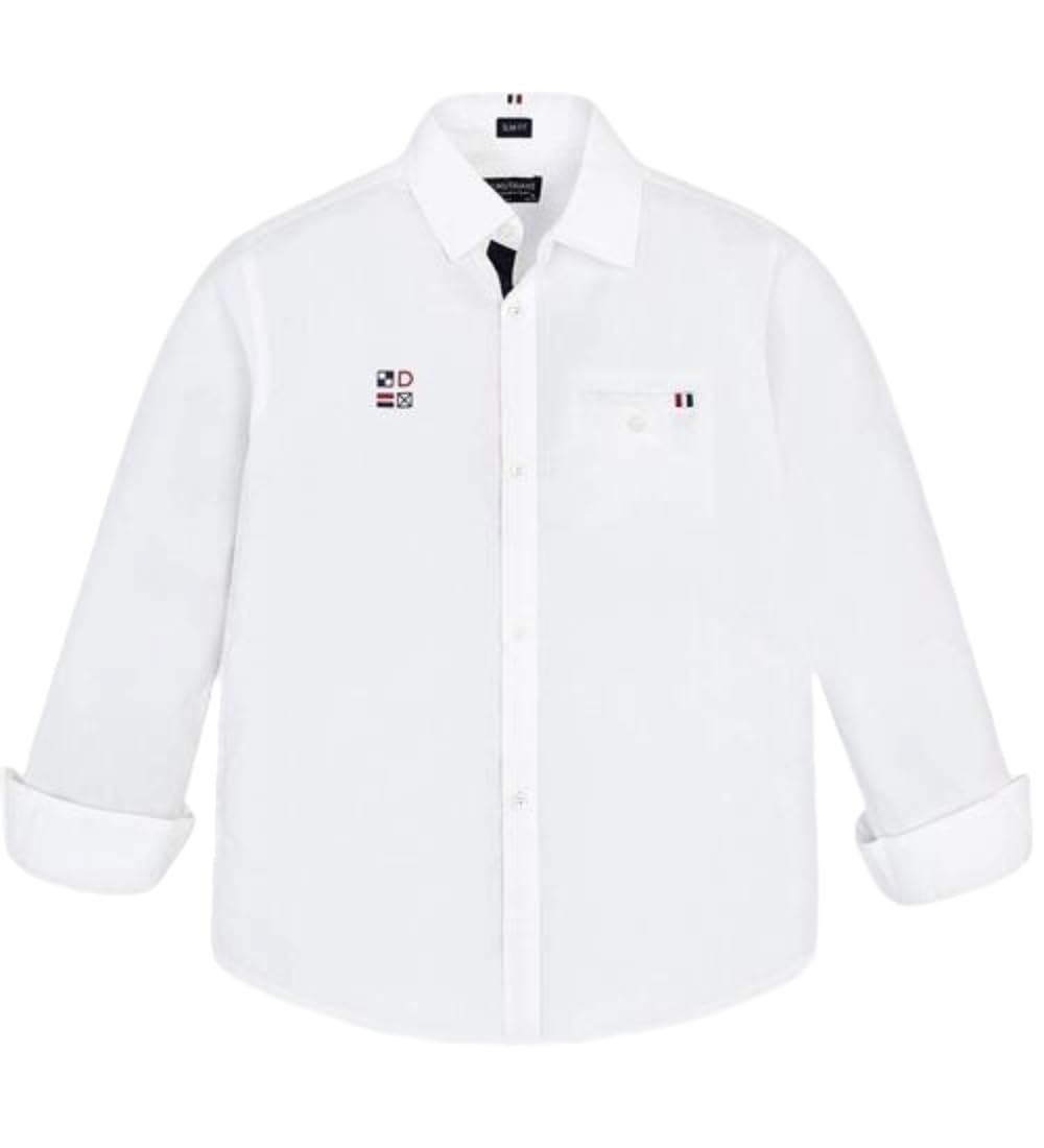 Mayoral Camicia Bianca Slim Fit per Bambino 8-16 Anni a Maniche Lunghe – Modello 6133 Elegante con Ricami Nautici, Perfetta per Cerimonia e Occasioni Speciali