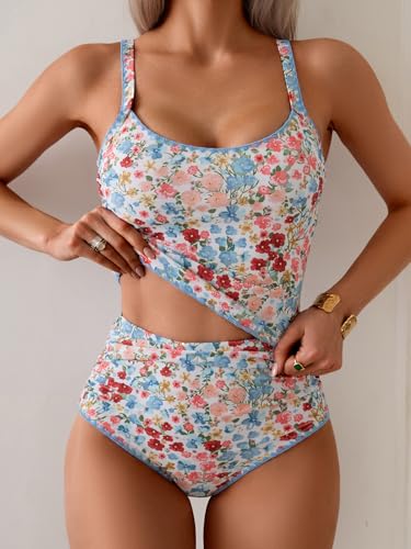 Image of Eomenie Tankini Swimsuit for Women Tummy Control Ruched Two Piece Bathing Suits High Waisted Shell Stitch Swimwear