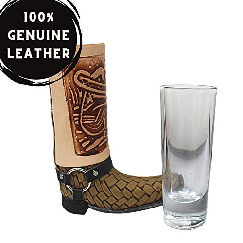 Mexican Shot Glasses, Square Toe Genuine Leather Boot Holder With Glass, Bar Gifts For Men, Cowboy Drinking, Color May Vary, 5.25 Inches #TOP2