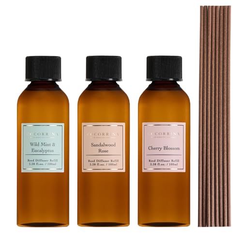 Image of COCORRINA Reed Diffuser Refill Set, 10.2oz Scented Oil Refill 3 Pack, Sandalwood Rose, Cherry Blossom, Wild Mint & Eucalyptus, Long Lasting Oil Diffuser Refill with18 Sticks for Bathroom & Bedroom