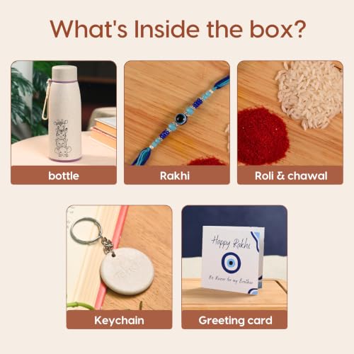 Image of Eha Earth Friendly Rakshabandhan Gift Made with Rice Husk| 400 ml, Set of 1 | Printed Bottle, Rakhi, Keychain, Roli Chawal and Card| Rakhi bottle gift for brother | Rakhi Hamper