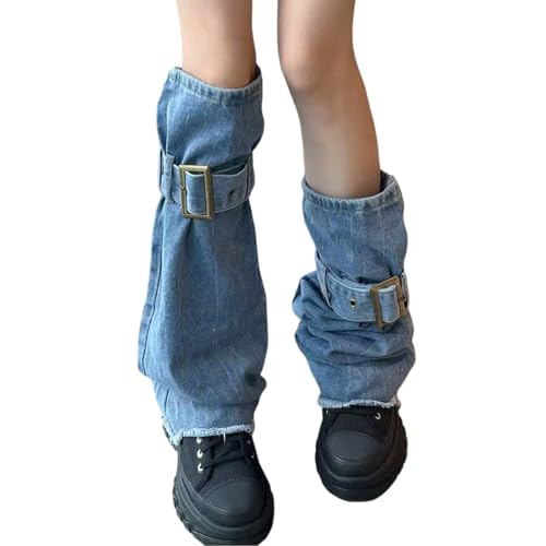 Women Subcultures Jeans Leg Warmers with Buckled Straps Punk Washed Denims Baggy Flared Boot Covers Streetwear