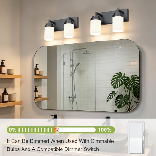 Image of Bathroom Light Fixtures, Matte Black Bathroom Lighting Fixtures Over Mirror, Modern Vanity Light with White Glass Shade, Restroom Lighting Fixtures, 2-Light 13-inch