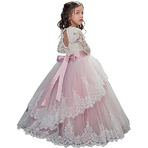 Pageant Flower Girls Dress Lace Long Sleeves Princess Tulle Ball Gown (Blush, 4) Cover