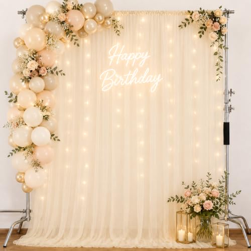 Image of White Net Backdrop Curtain Set for Decoration, 2 Pieces, 8 x 5 feet, for Wedding, Birthday, Anniversary, Engagement (Cream)