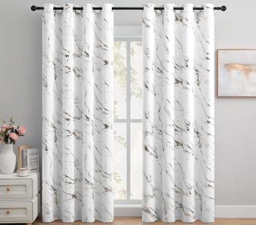 John Aird Blackout Curtains Eyelet Silver Foil Marble Effect On White Thermal Curtain (White, 46" Width x 54" Drop)