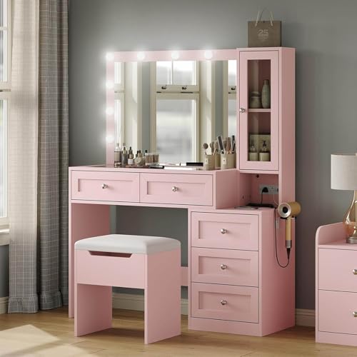 Image of CollaredEagle 43" W Vanity Desk with Mirror & 11 Lights, 5 Drawer Modern Makeup Desk with Glass top & Cushioned Stool, 3 Lighting Modes Brightness Adjustable,Power Outlet,Bedroom,Pink