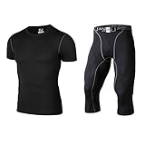 [Sillictor] コンプレッション ウェア 上下 セット メンズ 半袖 シャツ ＋ 七分丈 パンツ [加圧通気 + 吸汗速乾] ブラック 321+3327blk-M