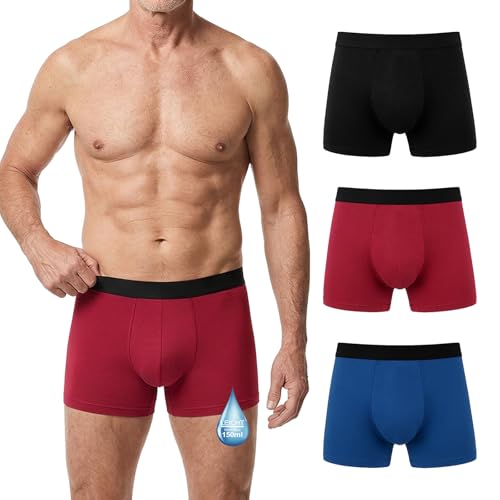 LOFIR Inkontinenz Pants Herren Boxershorts: Waschbare Unterhosen für Männer aus Baumwolle - Unterwäsche Erwachsene Wiederverwendbare 150 ml Saugfähigkeit für Senioren 3er Pack Mehrfarbig L