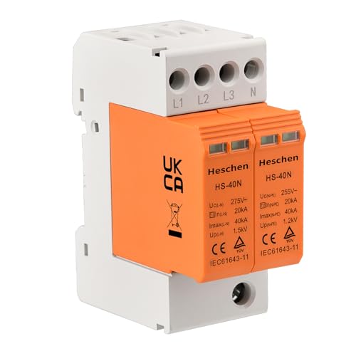 Heschen Surge Protective Device SPD, HS-40N, 275VAC 20KA, Fire-Proof, Low-Voltage Arrester, 35mm DIN Rail Mounting (3+NPE)