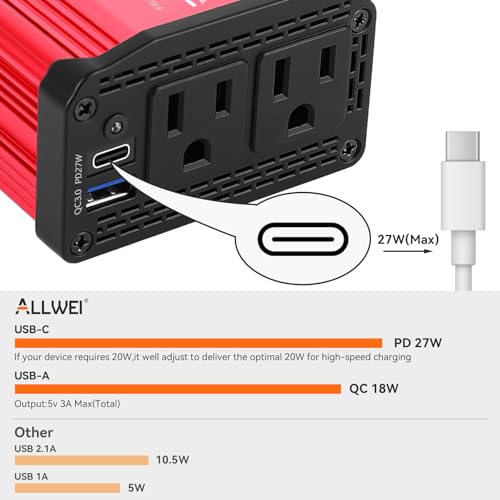 ALLWEI 300W Power Inverters for Vehicles 12v to 110v - Red - Image 3