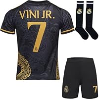 BlackAzat 2023/2024 Madrid #7 Vini Jr. Vinicius Kinder Trikot Fußball Spezielle Golddrachen-Edition, Shorts Socken Jugendgrößen (Schwarz,28.)