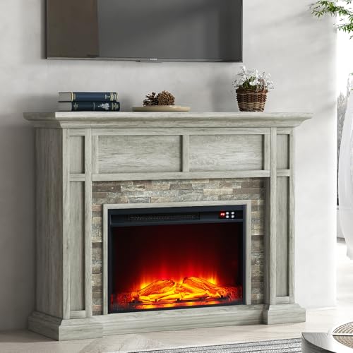 47"Electric Fireplace with Mantel,Electric Fireplace Insert Freestanding Heater with 5 level Adjustable Flame,Realistic Stacked Stone Surround,Remote Control,Fireplace TV Stands for Living Room(Gray)