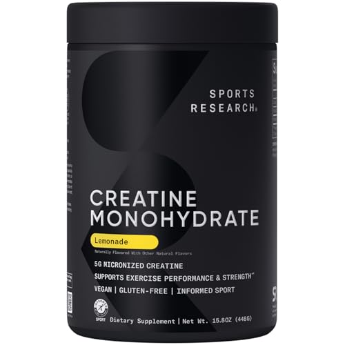 Image of Sports Research Creatine Monohydrate Powder 5g, Lemonade (15.8oz) | Gain Lean Muscle, Improve Performance & Strength & Support Workout Recovery | Sugar Free, Vegan, Non-GMO - 60 Servings