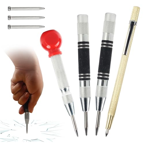 4 Stück Automatik Körner Metall Automatik Körner mit Anreißnadel und 3 Ersatzspitzen Körner Werkzeug Set mit Einstellbarer Einhand Federwirkung Center Punch für Metall Holz Glas