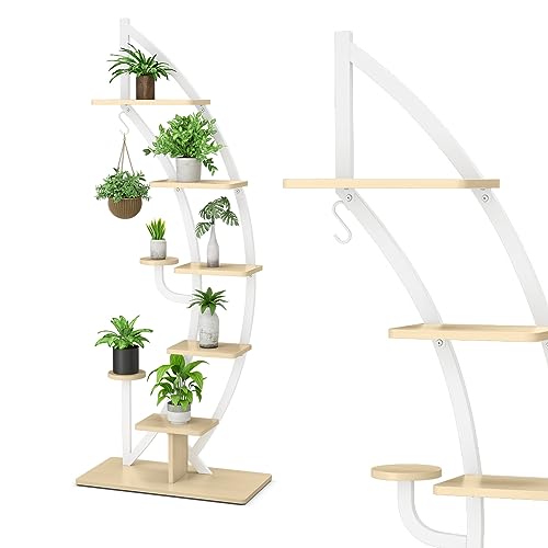 RELAX4LIFE Porte-Plante en Forme de Lune, Étagère à Fleurs à 5 Niveaux en Métal, Grand Présentoir Plante, Crochet de Suspension, Décoratoin Intérieure pour Salon Balcon (Blanc, 1)