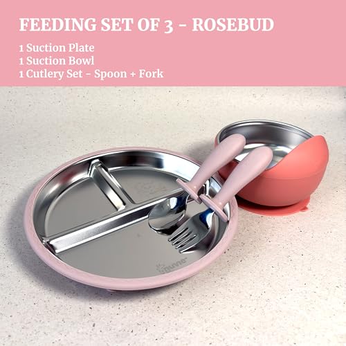Image of Feeding Set of 3 for Kids | Suction Plate, Suction Bowl, Cutlery Spoon Fork | Stainless Steel | Easy Grip |Self Feeding Set for 6m+ | Dishwasher Safe (Rosebud)