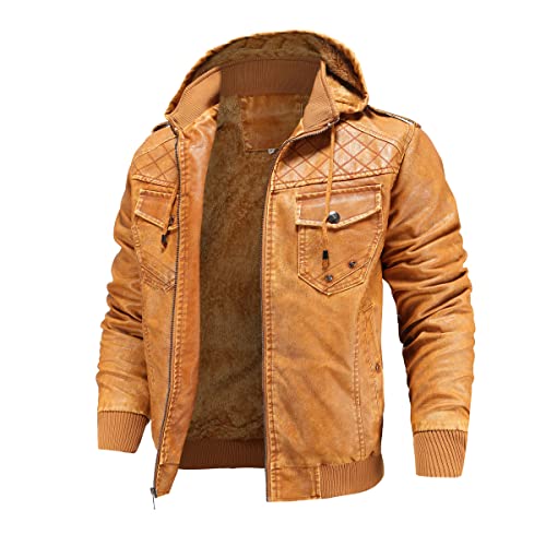 Susclude Men's Leather Jacket Retro Zip-UP Stand Collar Faux Leather Motorcycle Biker Jackets Coat With Removable Hood2