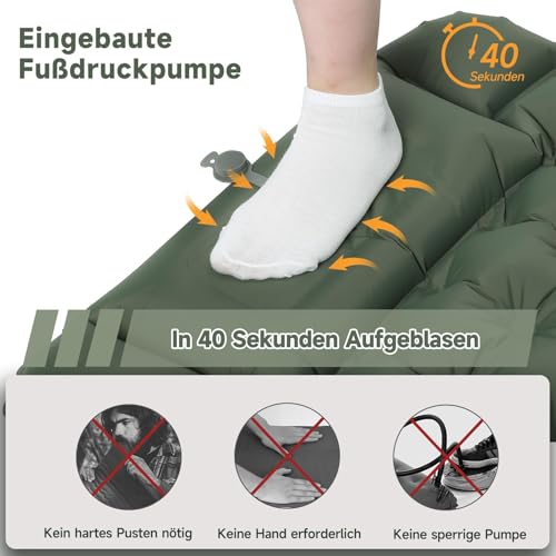HAUSPROFI Isomatte Camping, 10cm Ultraleicht Camping Luftmatratze mit Fußpumpe & Kissen, Aufblasbare Matratze Kompakte und Leichte, Campingmatte für Wandern Strand Outdoor, Armeegrün 5