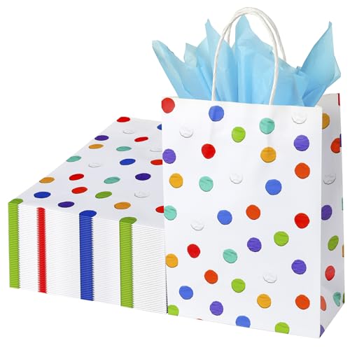 Image of BLEWINDZ 32Pcs Rainbow Small Gift Bags Bulk with 32Pcs Tissue Paper - Colorful Polka Dots Goodie Bags with Handles for Party Favors, Kids Birthday, Baby Shower, Wedding, Shoppings