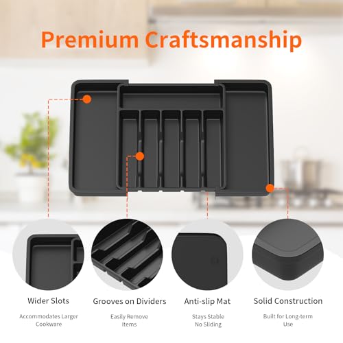 Cutlery Drawer Organiser, 33-57CM Expandable Utensil Tray for Kitchen with 8 Compartment Holders, Adjustable Silverware and Flatware Holder, Compact Plastic Storage Insert for Spoons Forks Knives - Image 3